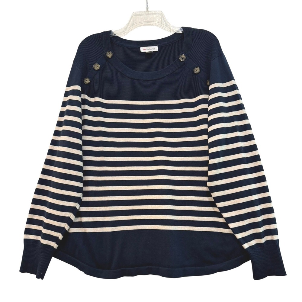 Liz Claiborne Navy White Striped Button Shoulder Sweater Women's 2X Nautical Top